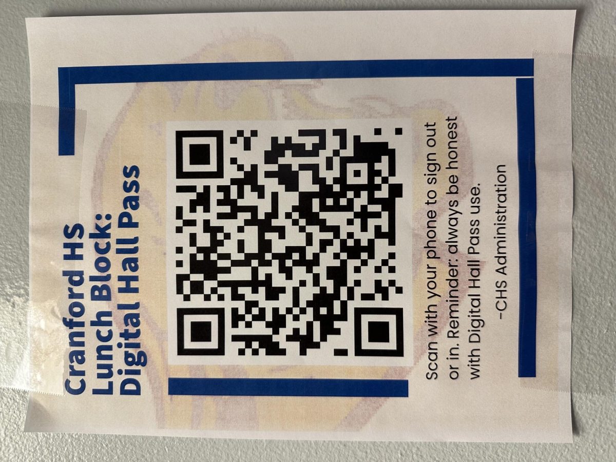 A QR code outside the cafeteria for accessing the digital Hall Pass